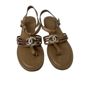 Chanel CC Logo Thong Sandals Size 36 Beige Leather Strappy Interlocking CC